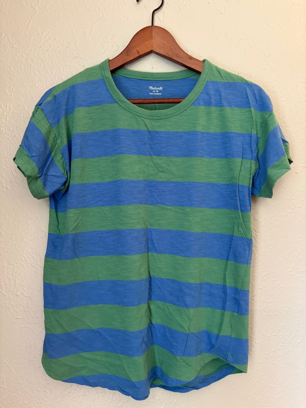 Madewell Blue and Green Striped Short Sleeve Tee